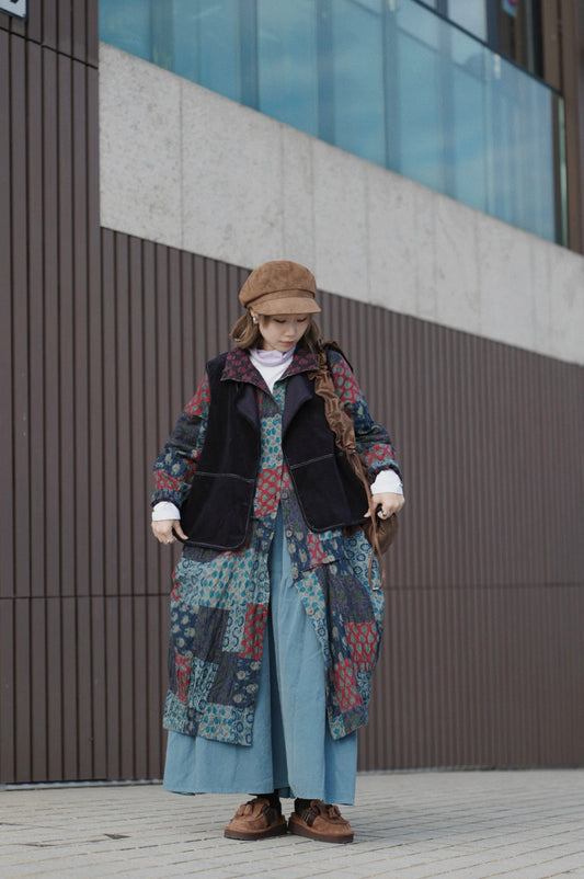 MZ862 BOTTLE-NECK PATCHWORK LONG COAT