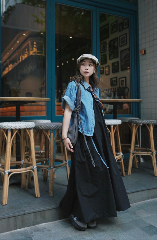 MZ826 PLEATED DENIM BOXY SHIRT