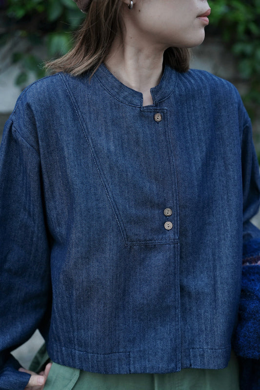 MZ932 HERRINGBONE CROPPED COLLARLESS SHIRT