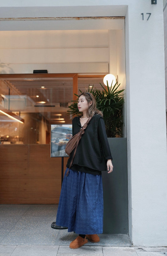 MZ828 CRINKLE BLUE PLAID SKIRT