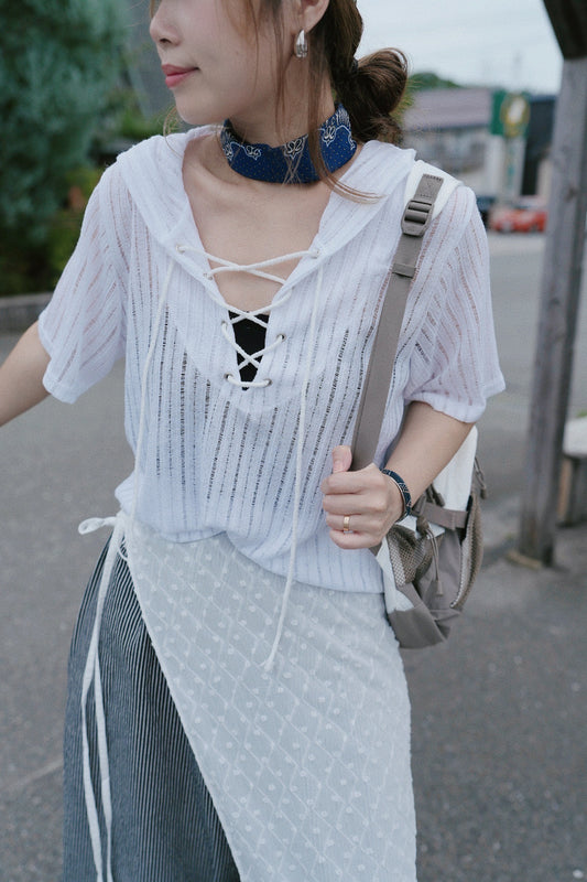 MZ834 EYELET LACE UP KNIT HOODIE