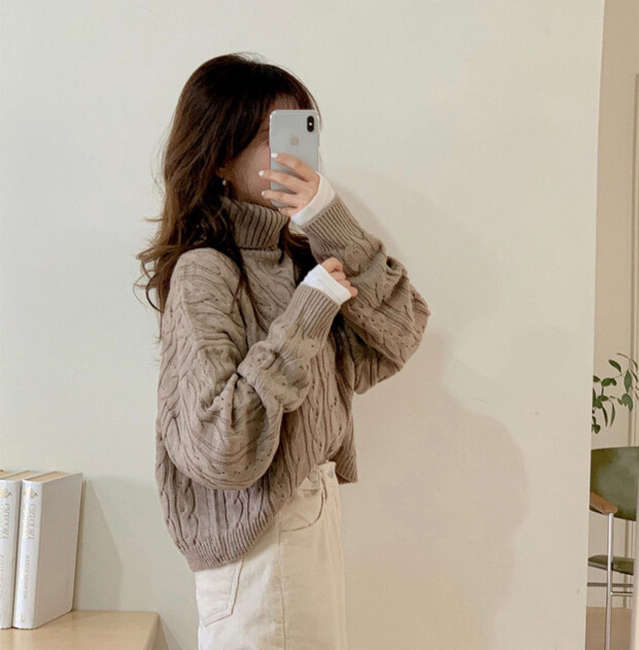 MZ594 CABLE-KNIT TURTLE NECK TOP