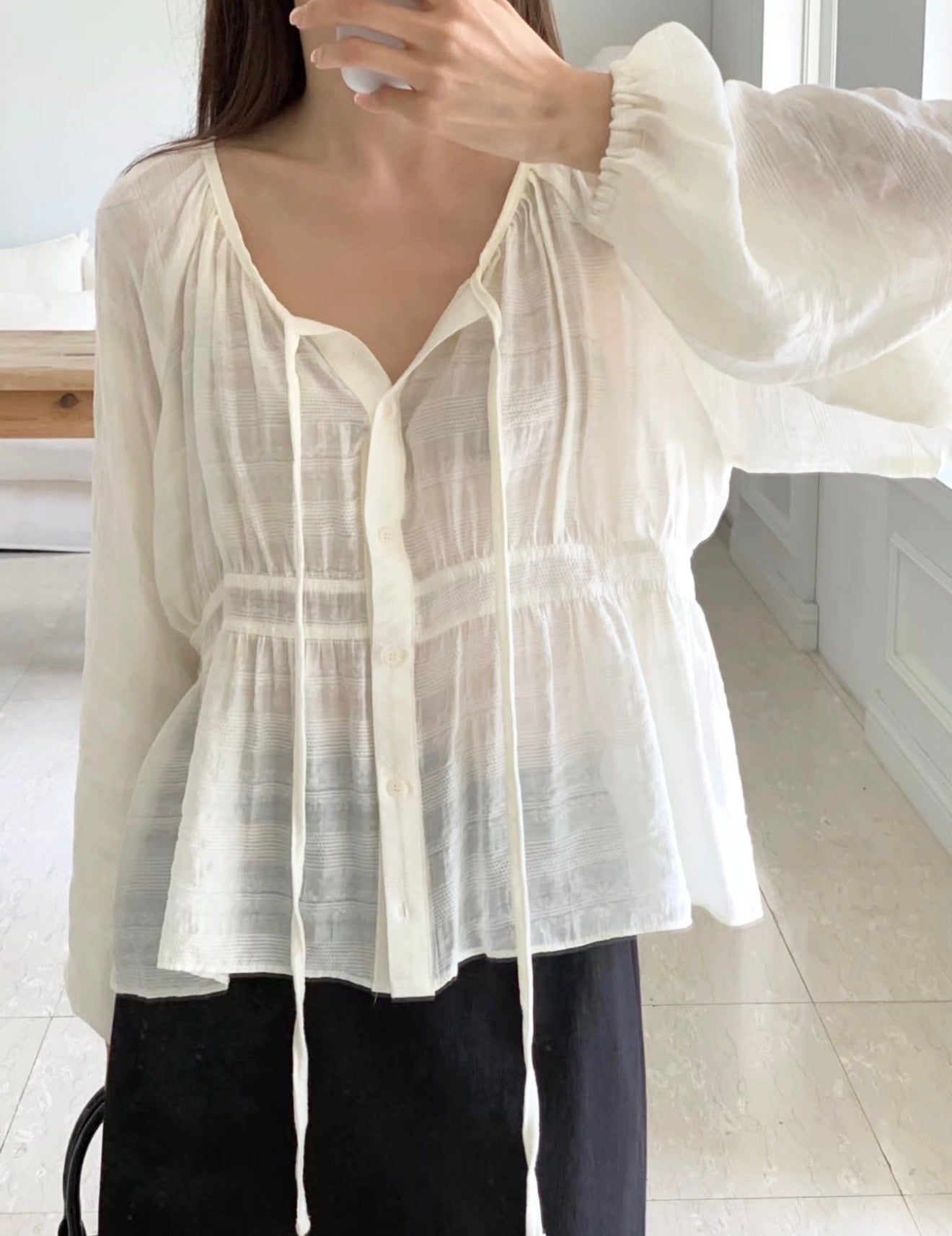 MZ843 DOBBY RIBBON BLOUSE