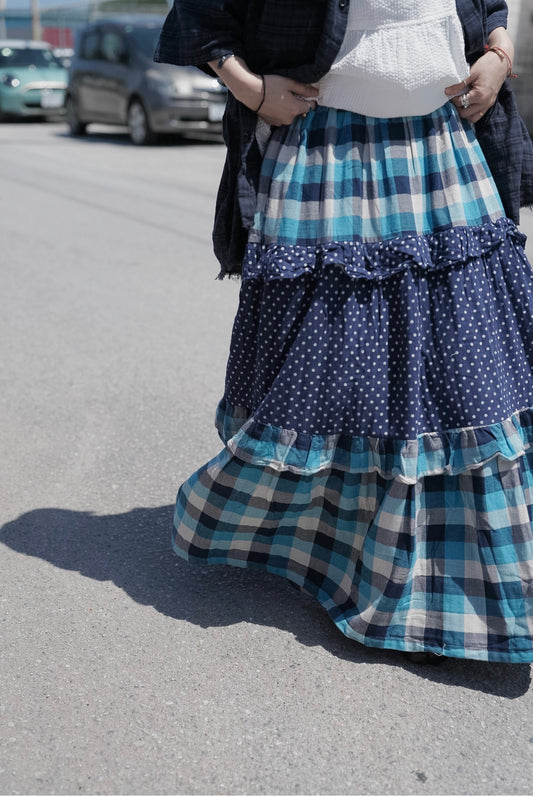 CB101 PATCHWORK PLAID & POLKA DOT MAXI SKIRT