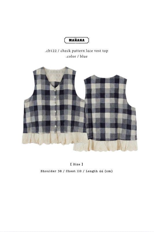 CB122 CHECK PATTERN LACE VEST TOP