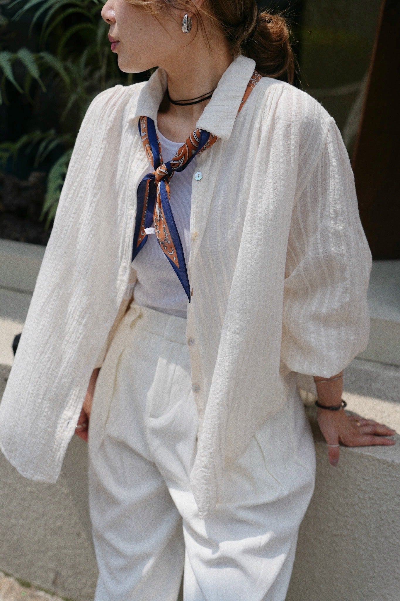 MZ779 ITALY MADE SHEER CRINKLE STRIPE SHIRT