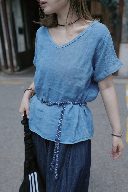 MZ780 ITALY MADE LINEN V-NECK TOP