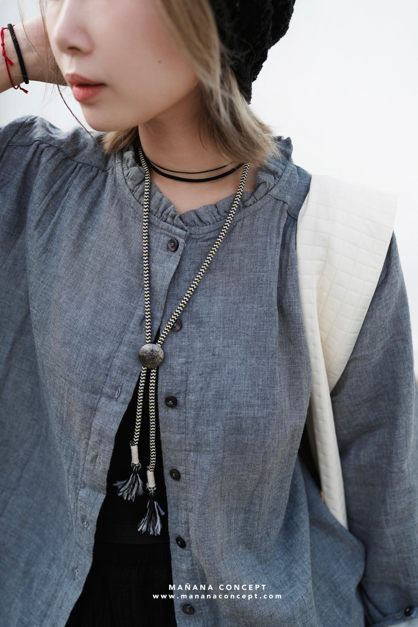 CA664 RUFFLE NECK DOUBLE CLOTH SHIRT