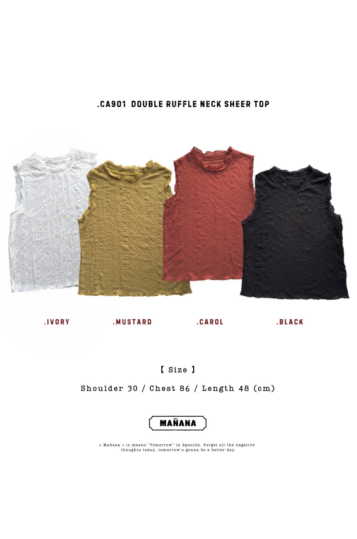 CA901 DOUBLE RUFFLE NECK SHEER TOP 【 2件減-$30, 4件減-$70 】