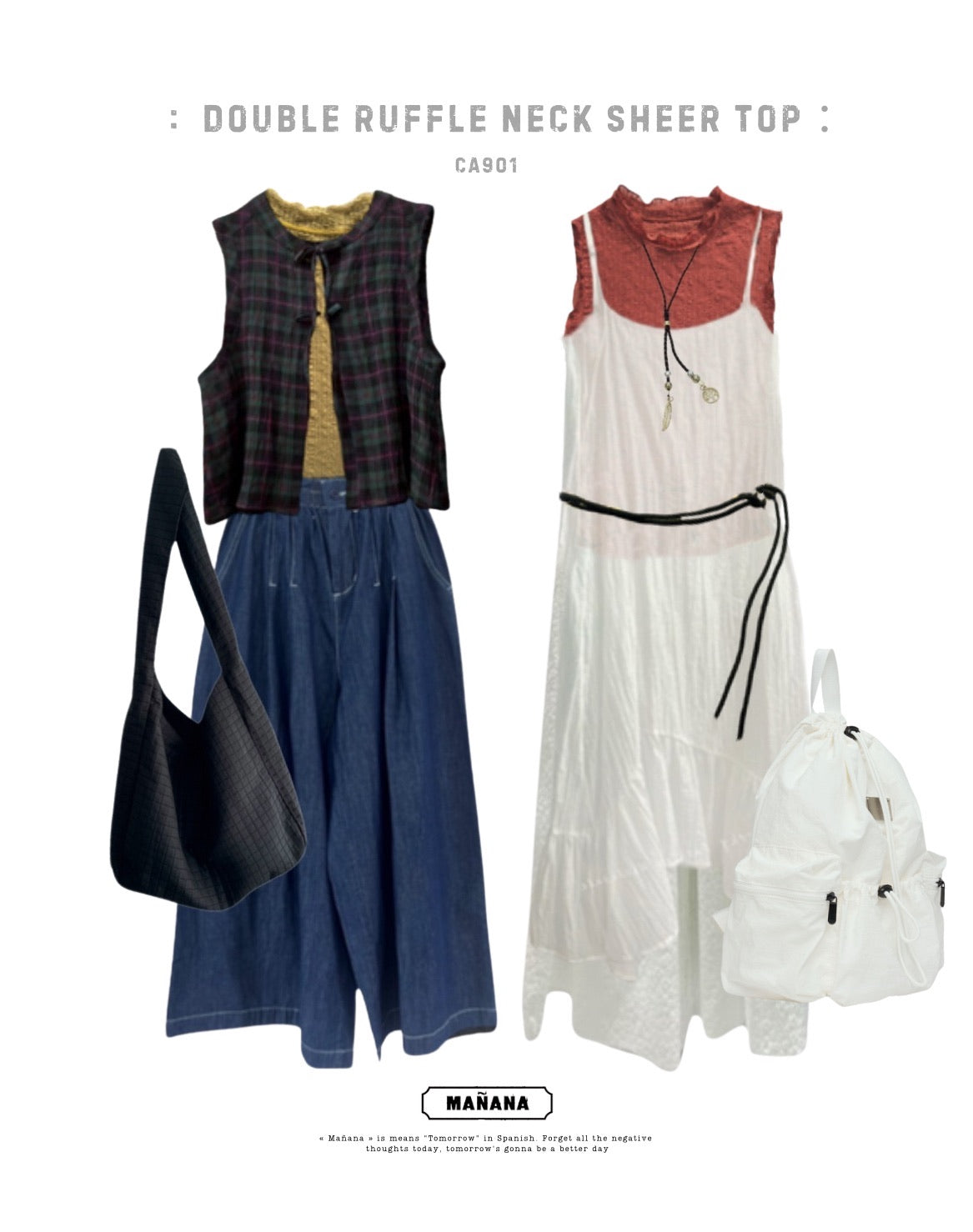 CA901 DOUBLE RUFFLE NECK SHEER TOP 【 2件減-$30, 4件減-$70 】