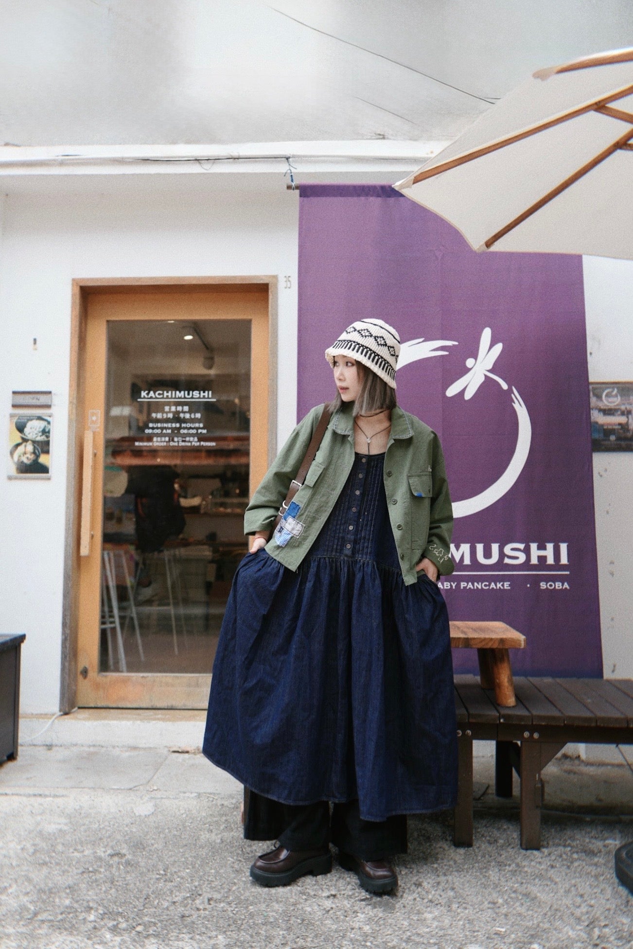 MZ850 / PATCHED DENIM PLEATED DRESS