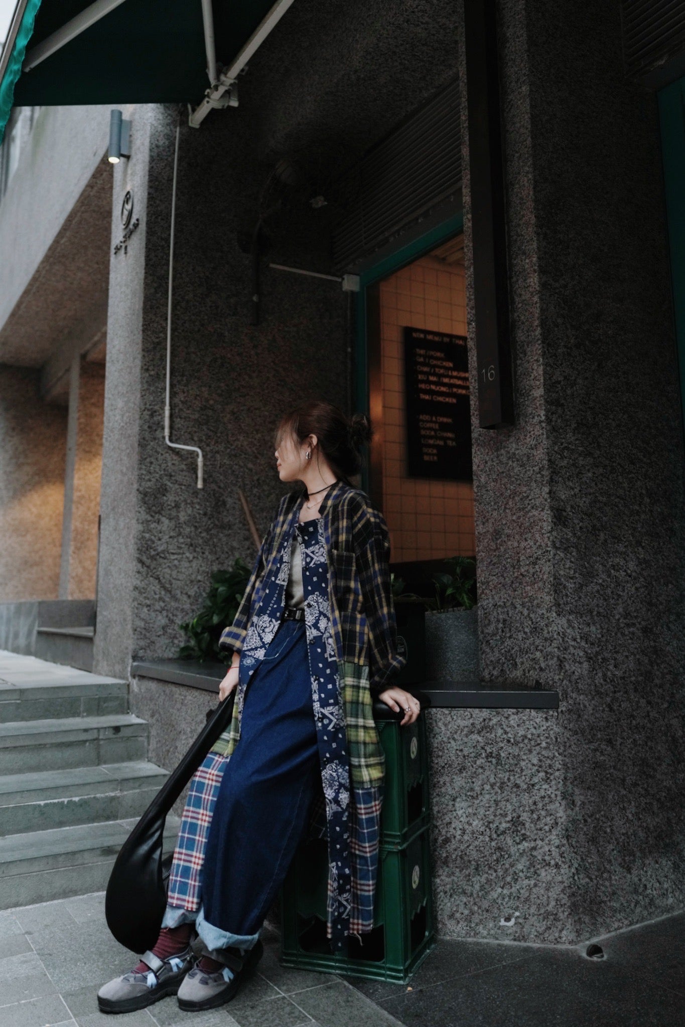 MZ726 PLAID PATCHWORK WITH BANDANA COLLAR SHIRT DRESS