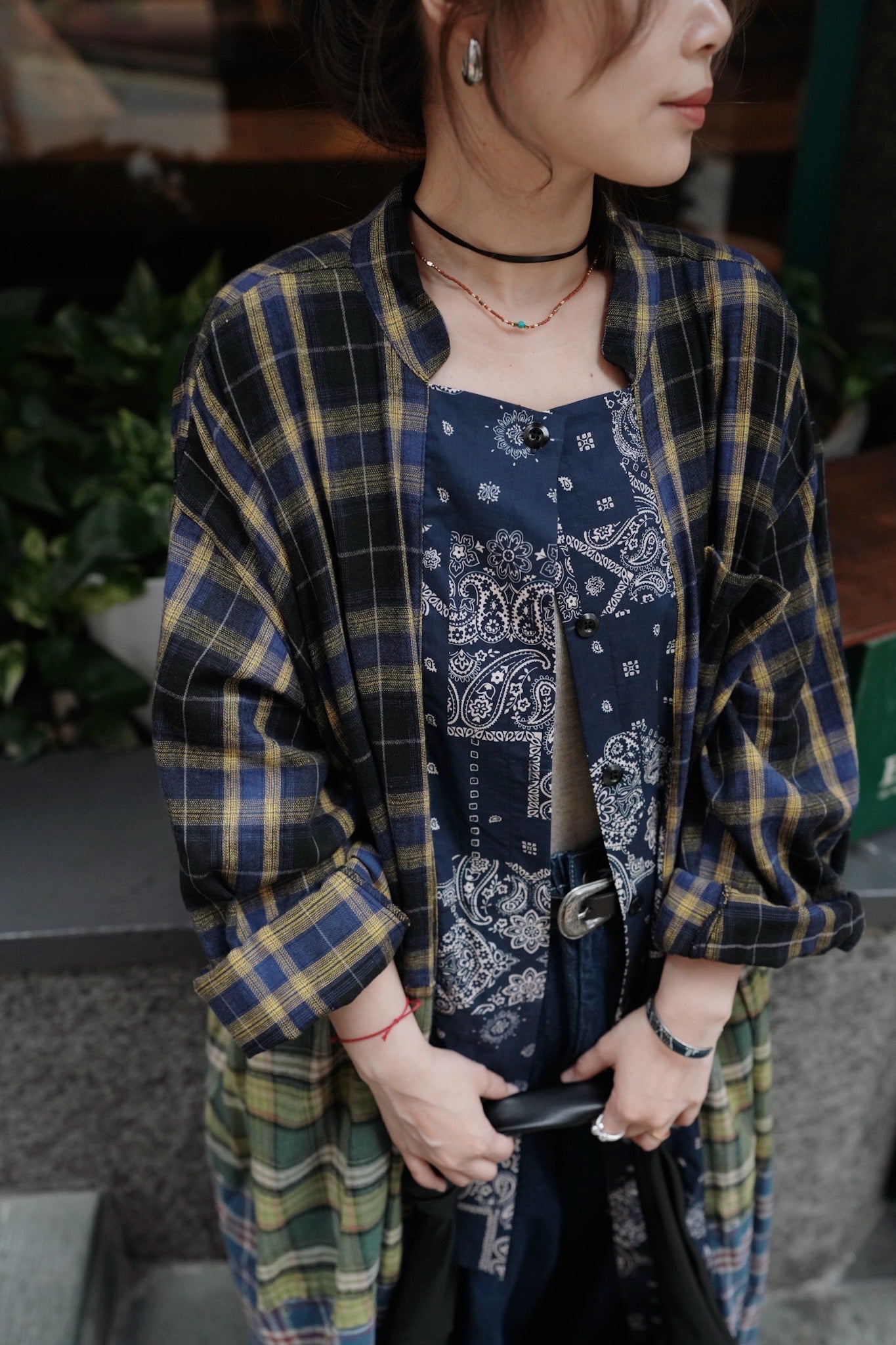 MZ726 PLAID PATCHWORK WITH BANDANA COLLAR SHIRT DRESS