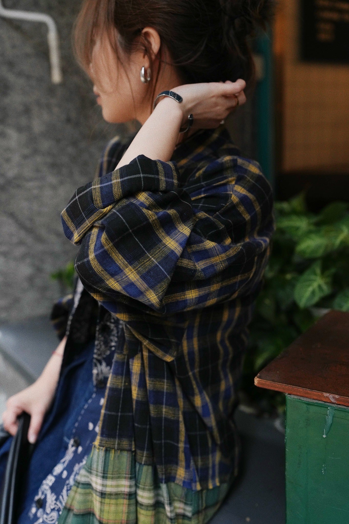 MZ726 PLAID PATCHWORK WITH BANDANA COLLAR SHIRT DRESS