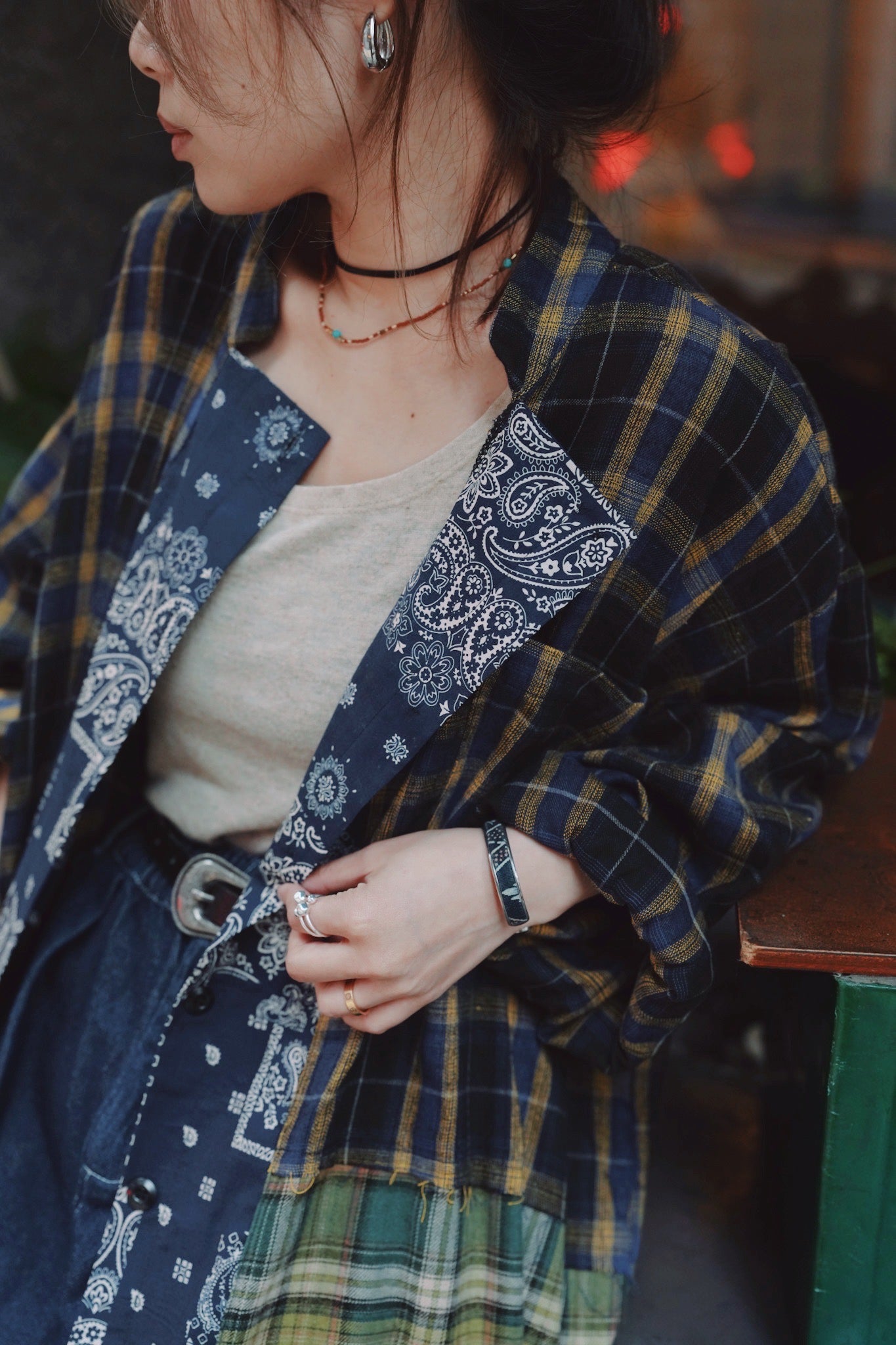 MZ726 PLAID PATCHWORK WITH BANDANA COLLAR SHIRT DRESS