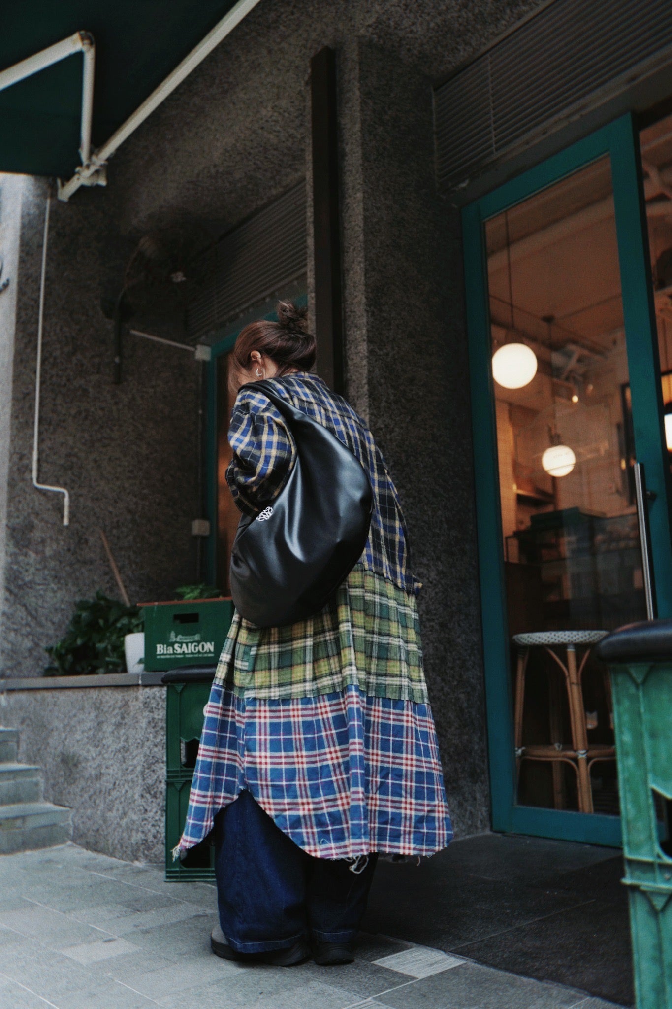 MZ726 PLAID PATCHWORK WITH BANDANA COLLAR SHIRT DRESS