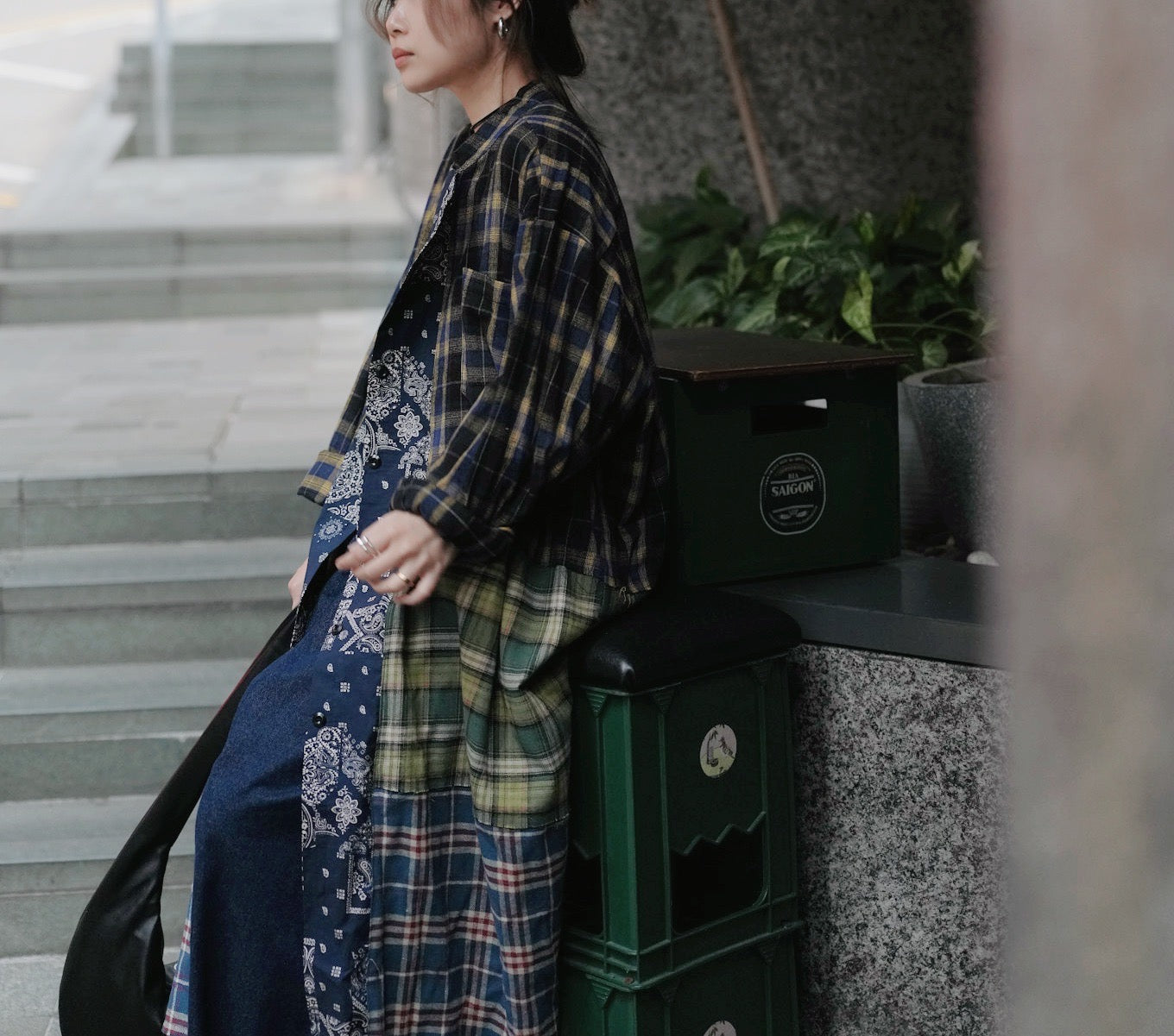MZ726 PLAID PATCHWORK WITH BANDANA COLLAR SHIRT DRESS