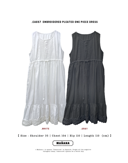 CA657 EMBROIDERED PLEATED ONE PIECE DRESS