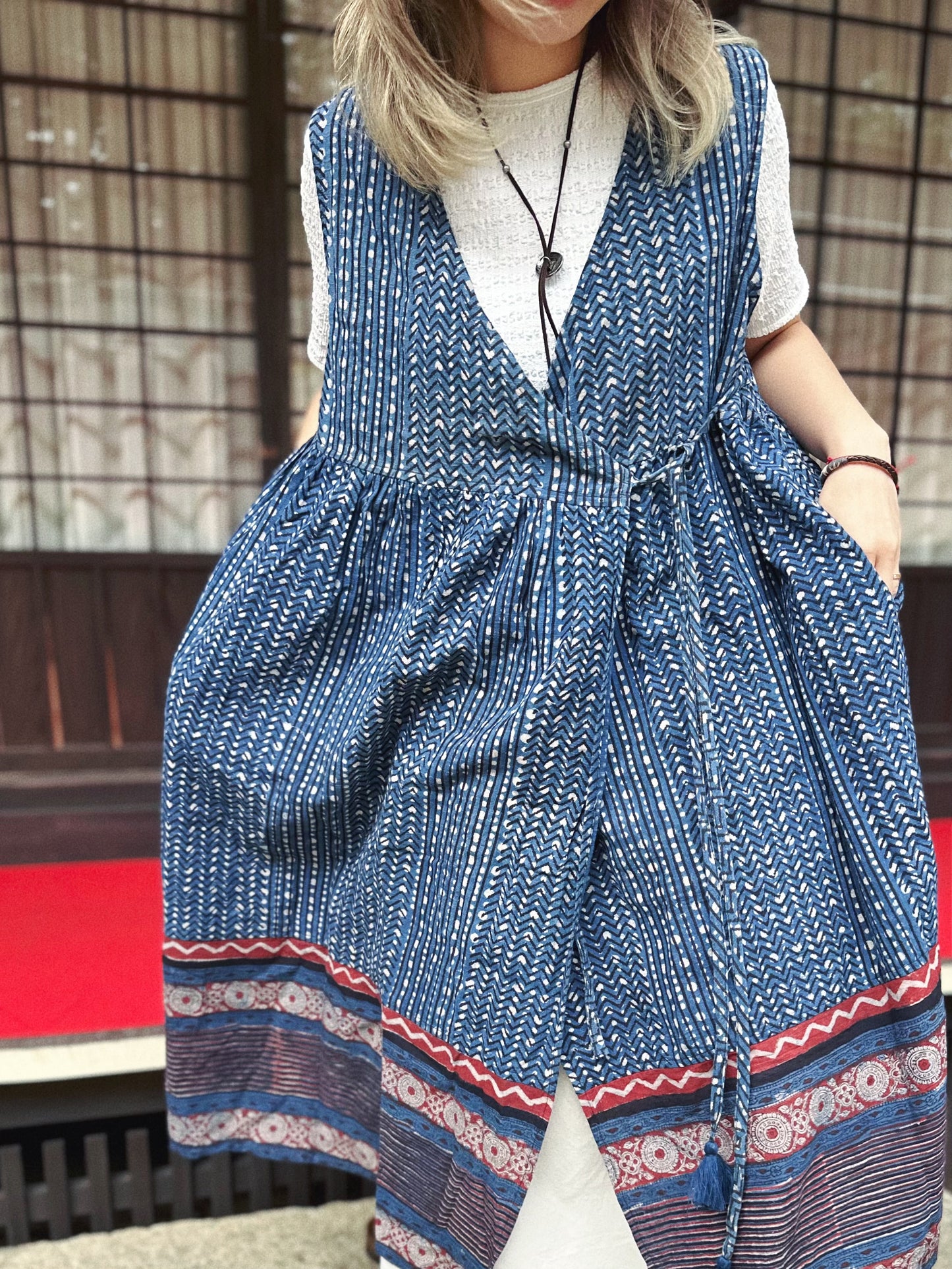 MZ116 INDIGO PATTERN WARP DRESS