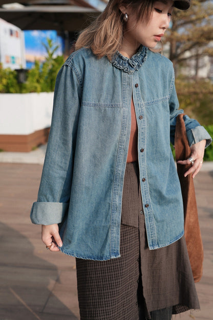 MZ948 RUFFLED COLLAR NECK DENIM SHIRT