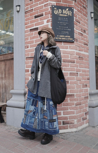 NA463 INDIGO SASHIKO PATCHWORK SKIRT