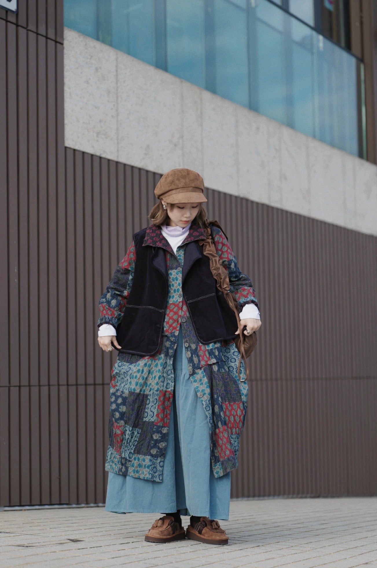 MZ862 BOTTLE-NECK PATCHWORK LONG COAT