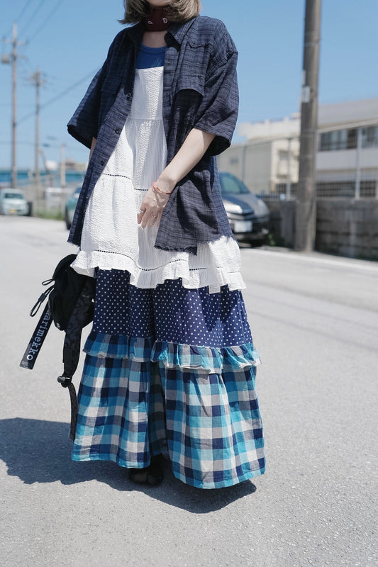 CB101 PATCHWORK PLAID & POLKA DOT MAXI SKIRT