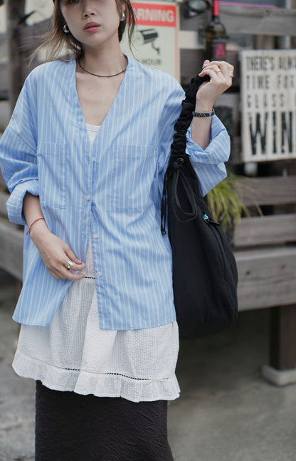 NA469 EASY CARE V NECK STRIPED SHIRT
