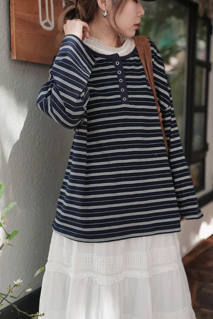 MZ966 HENLEY NECK STRIPE COTTON TEE