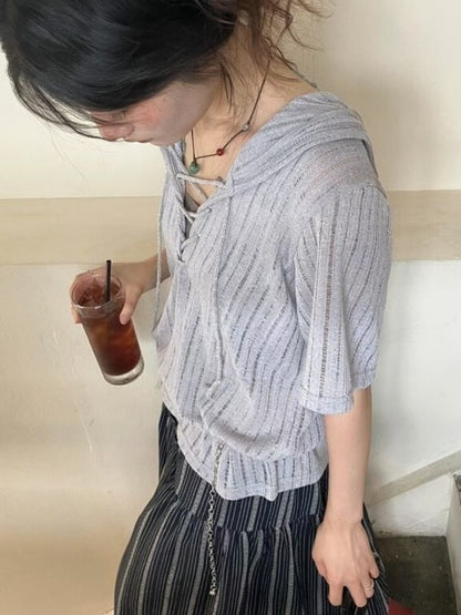 MZ834 EYELET LACE UP KNIT HOODIE