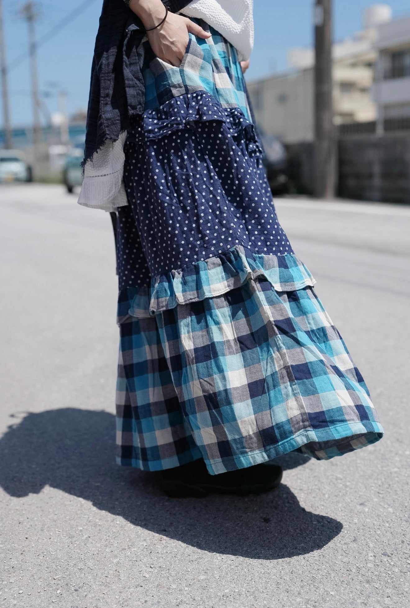 CB101 PATCHWORK PLAID & POLKA DOT MAXI SKIRT