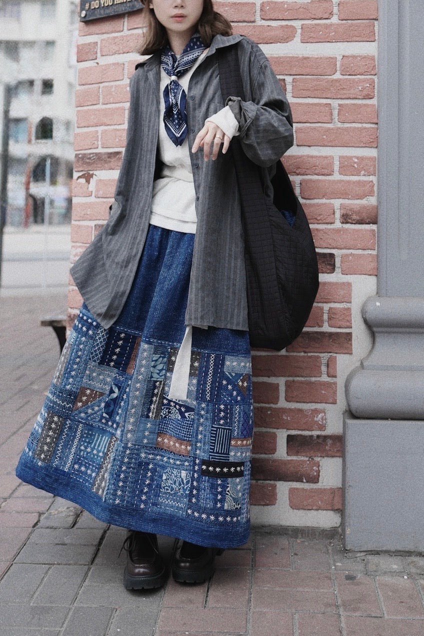 NA463 INDIGO SASHIKO PATCHWORK SKIRT