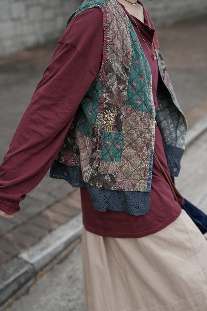 MB055 PATCHWORK DESIGN VEST (GREEN-MIX)