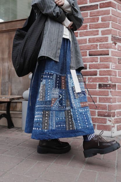 NA463 INDIGO SASHIKO PATCHWORK SKIRT