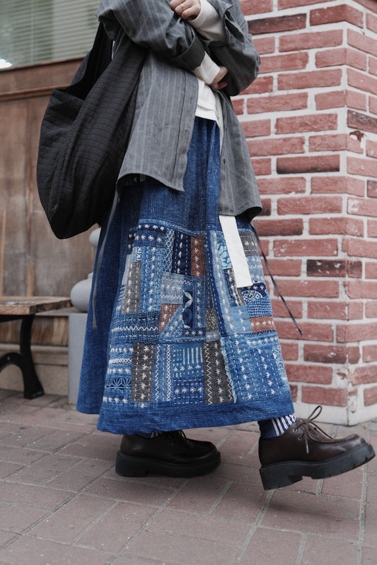 NA463 INDIGO SASHIKO PATCHWORK SKIRT