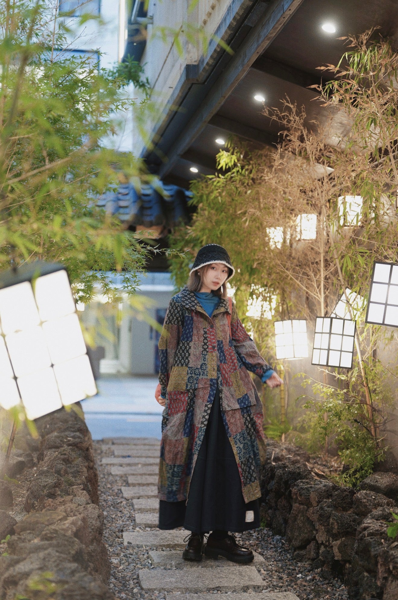 MZ862 BOTTLE-NECK PATCHWORK LONG COAT