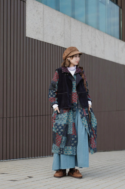 MZ862 BOTTLE-NECK PATCHWORK LONG COAT