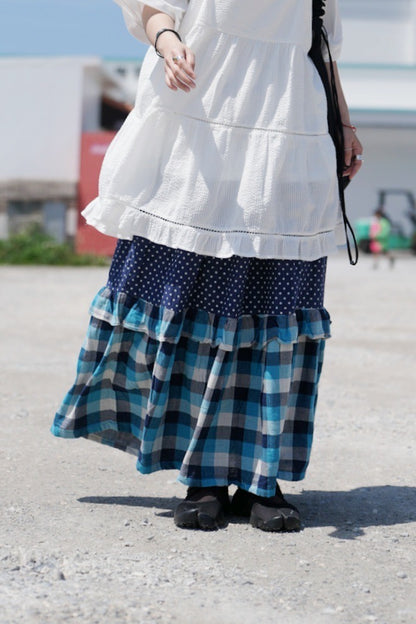 CB101 PATCHWORK PLAID & POLKA DOT MAXI SKIRT