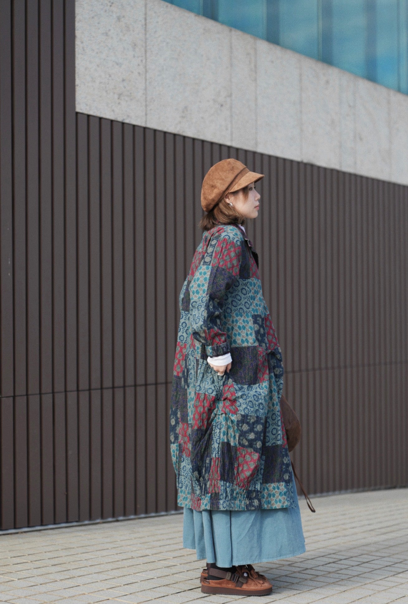 MZ862 BOTTLE-NECK PATCHWORK LONG COAT