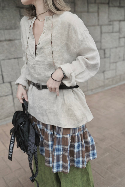 MZ998 LINEN HALF BUTTON TOP