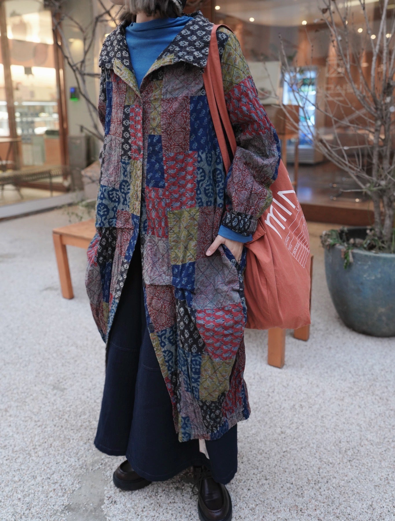 MZ862 BOTTLE-NECK PATCHWORK LONG COAT