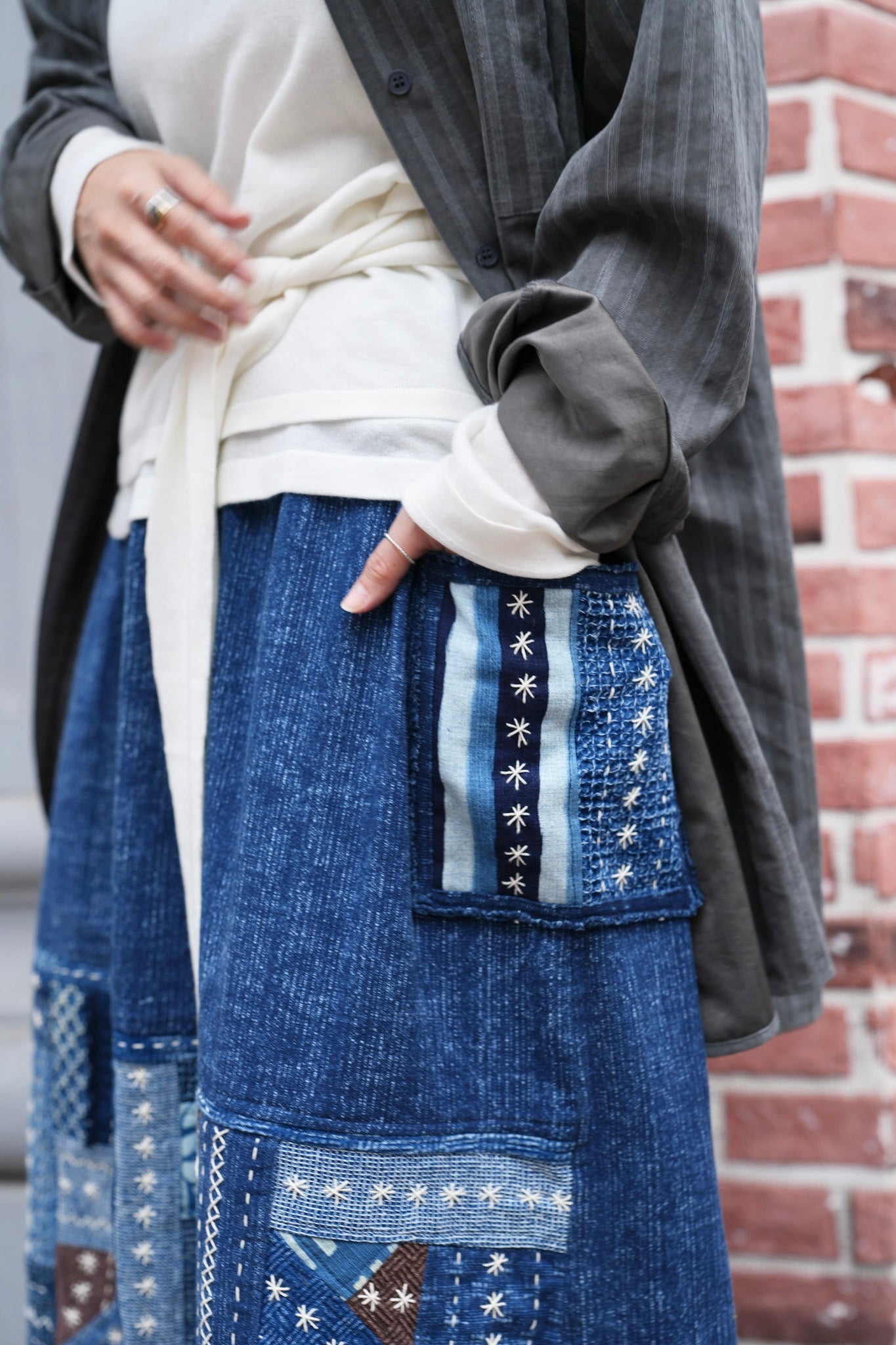 NA463 INDIGO SASHIKO PATCHWORK SKIRT