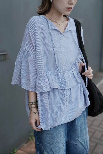CB136 STRIPED RUFFLE BLOUSE