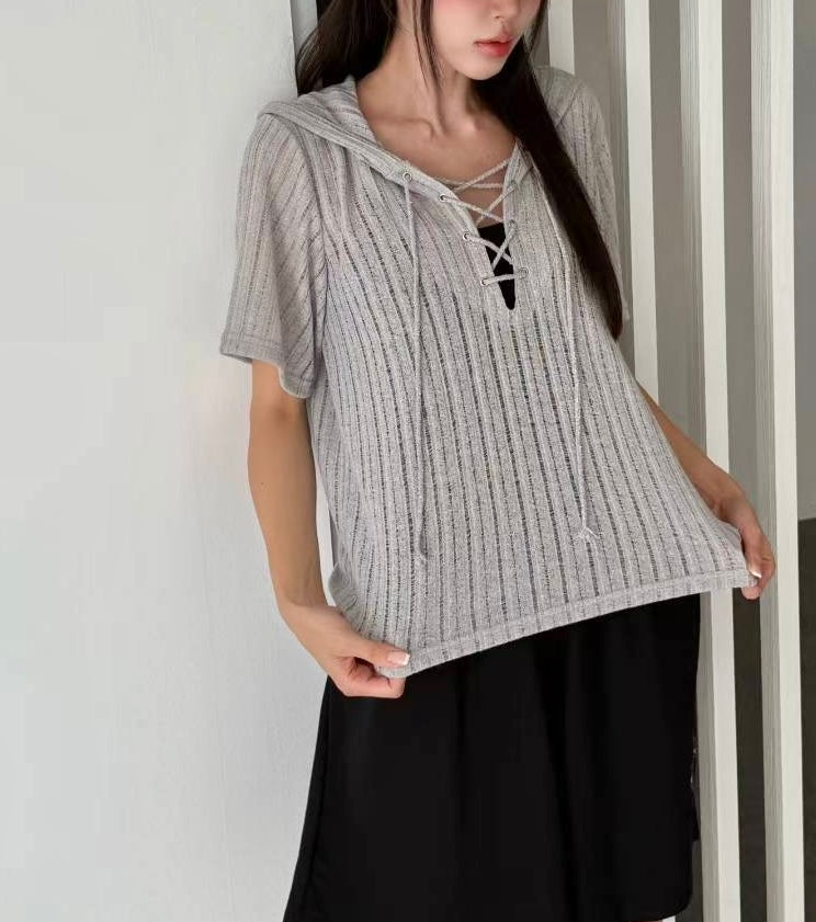 MZ834 EYELET LACE UP KNIT HOODIE