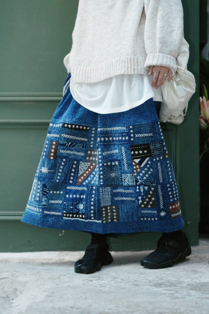 NA463 INDIGO SASHIKO PATCHWORK SKIRT