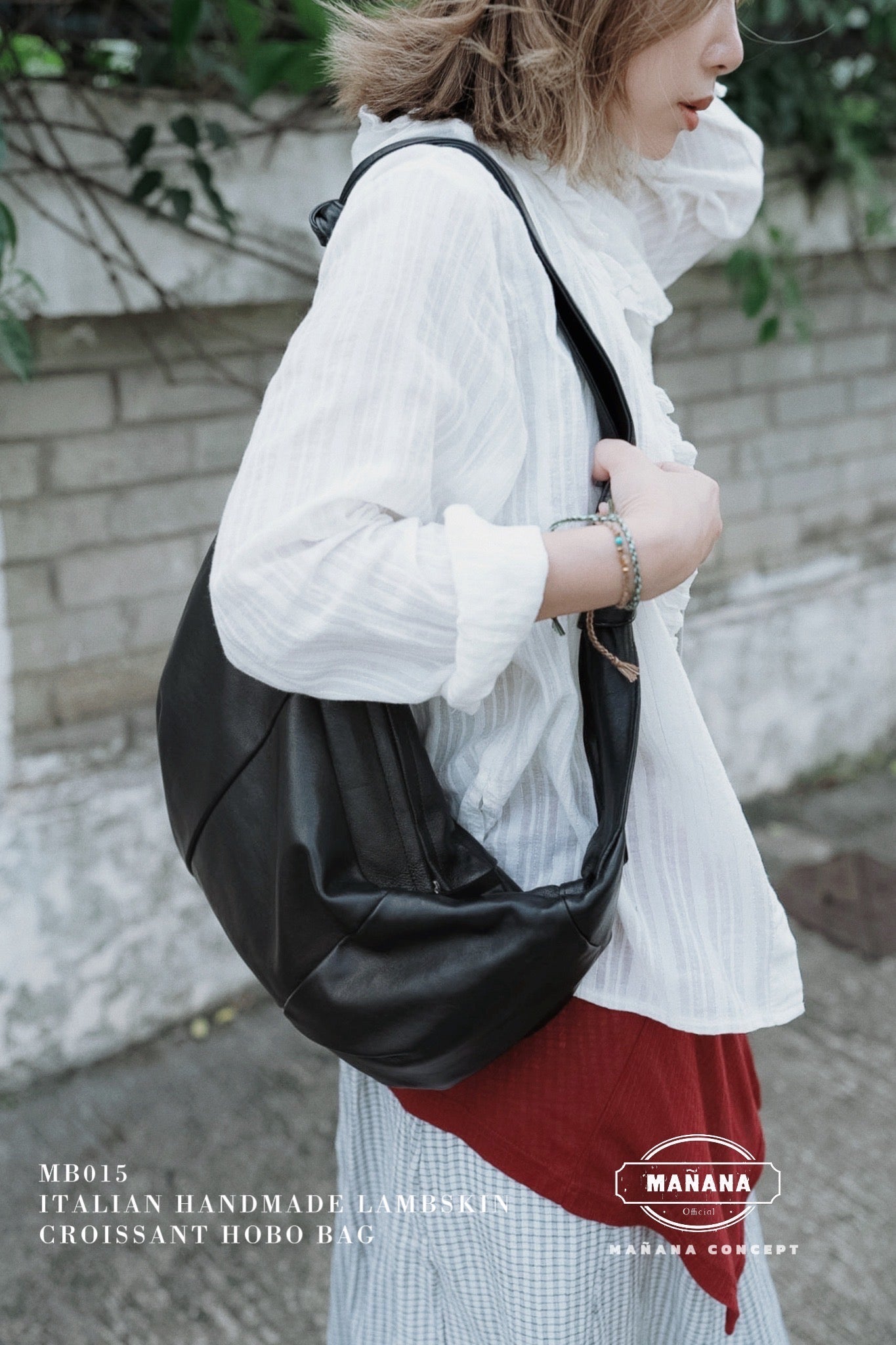 MB015 HANDMADE LAMBSKIN CROISSANT HOBO BAG