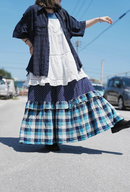 CB101 PATCHWORK PLAID & POLKA DOT MAXI SKIRT