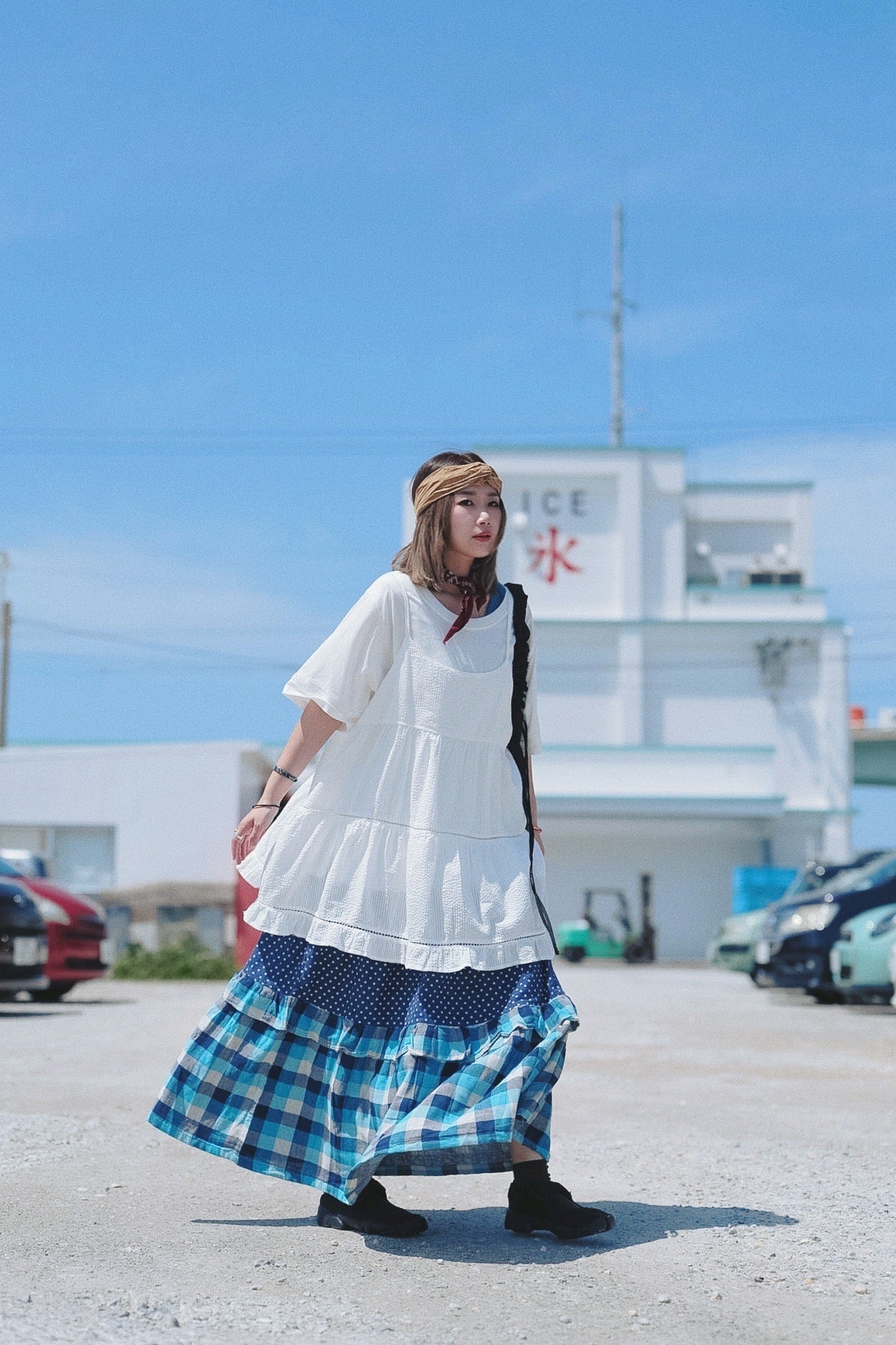 CB101 PATCHWORK PLAID & POLKA DOT MAXI SKIRT