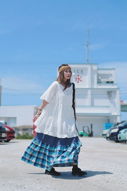 CB101 PATCHWORK PLAID & POLKA DOT MAXI SKIRT