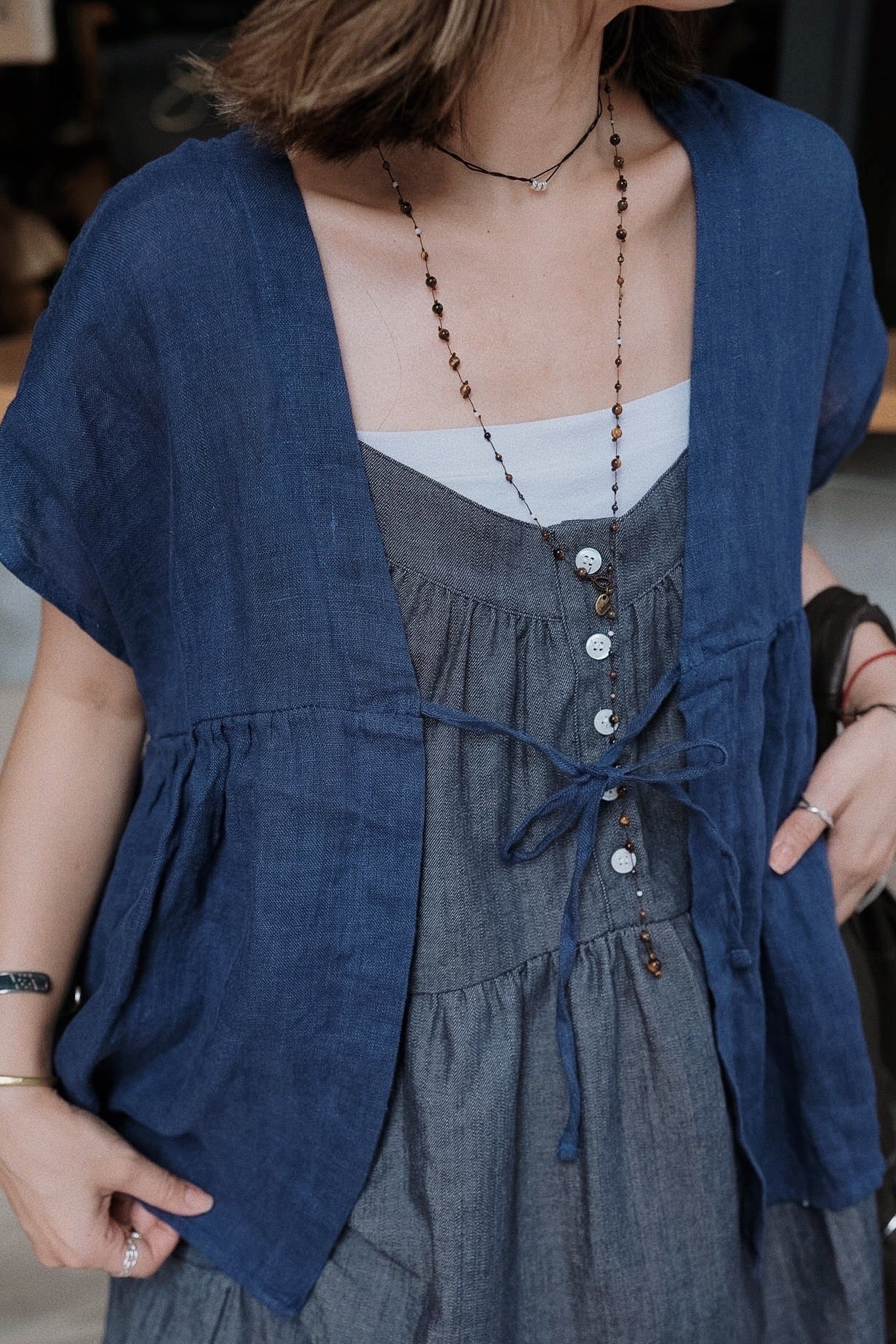 MB031 DENIM BUTTON-FRONT CAMI DRESS